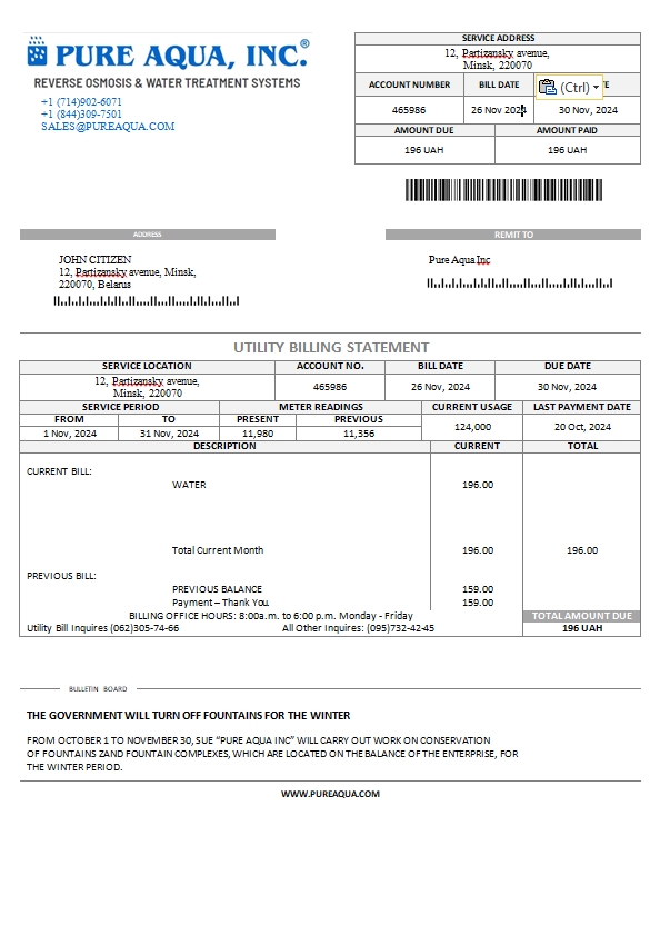Belarus Pure Aqua inc. utility bill
